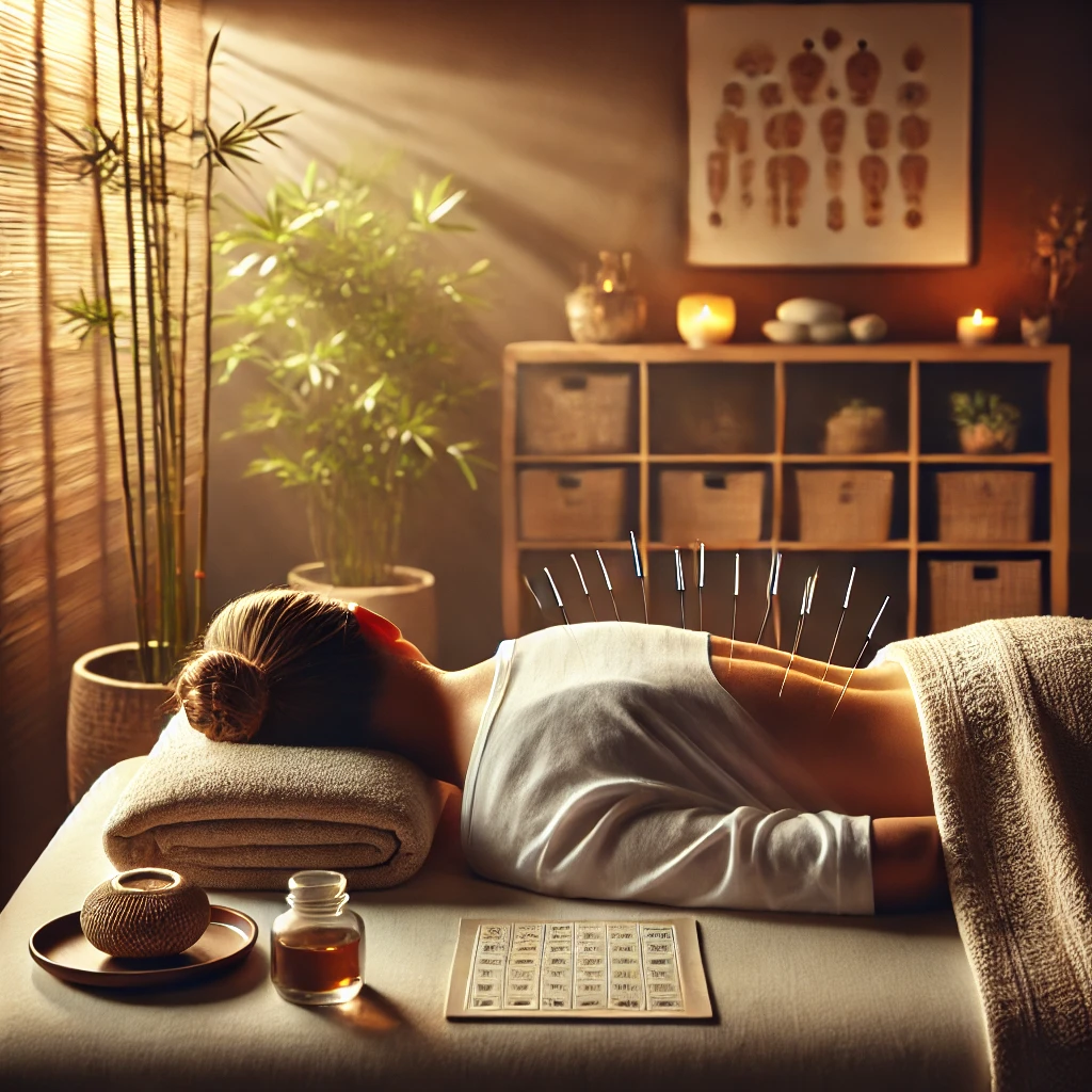 DALL·E-2025-02-01-18.16.08-A-peaceful-acupuncture-therapy-session-in-a-wellness-clinic.-A-person-is-lying-on-a-massage-table-with-thin-acupuncture-needles-placed-on-their-back.-1-1